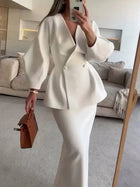 Two-Piece Skirt Suit with Puff Sleeve Blazer and V-Neck Detail