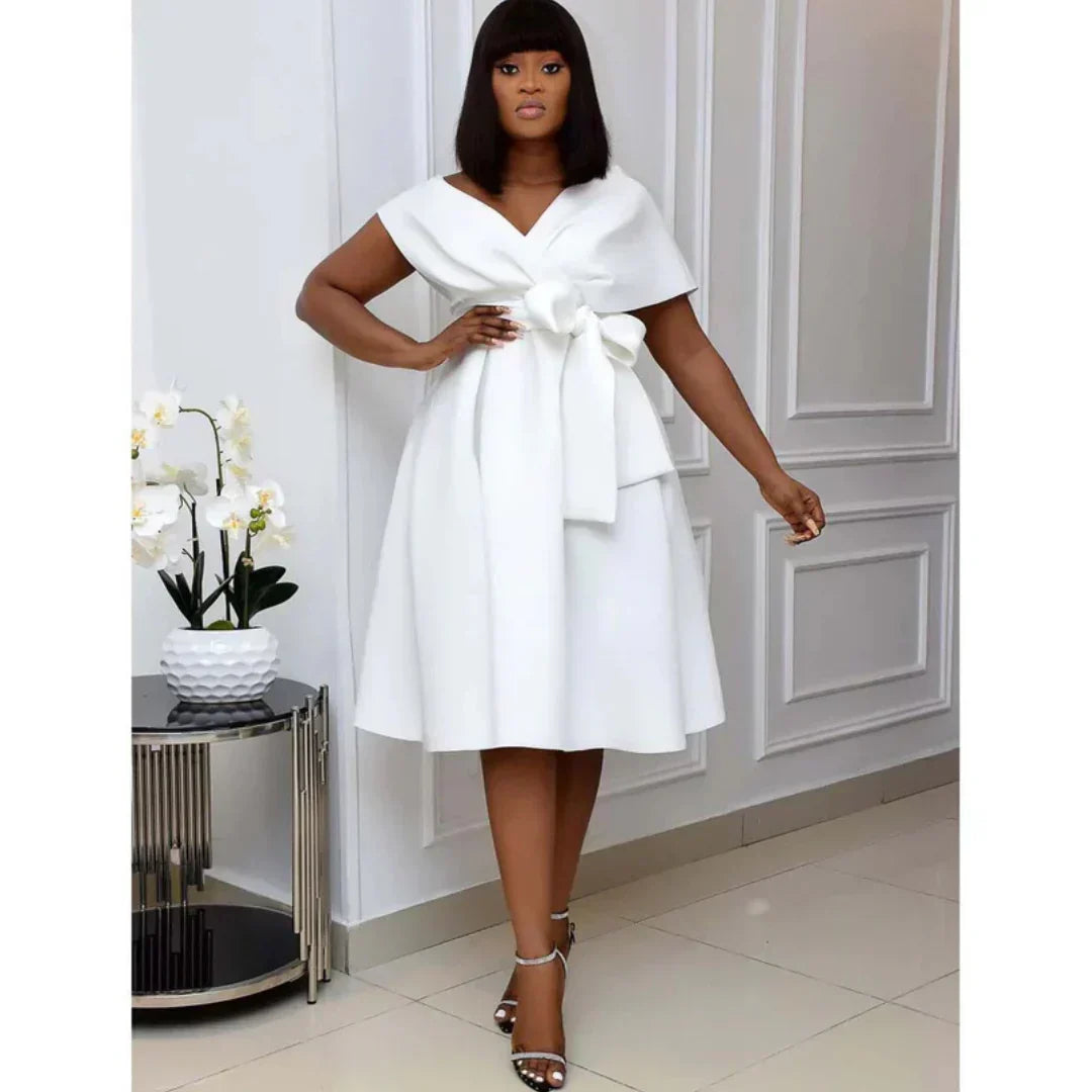 DIANA - Off-Shoulder Wrap Bow-Tie Midi Dress with Pleated A-Line Skirt