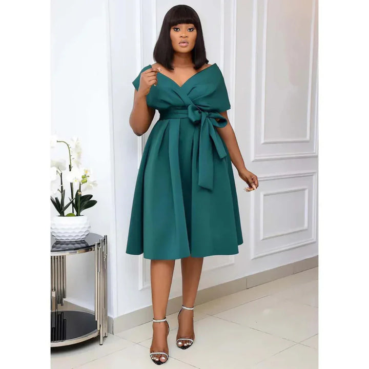 DIANA - Off-Shoulder Wrap Bow-Tie Midi Dress with Pleated A-Line Skirt