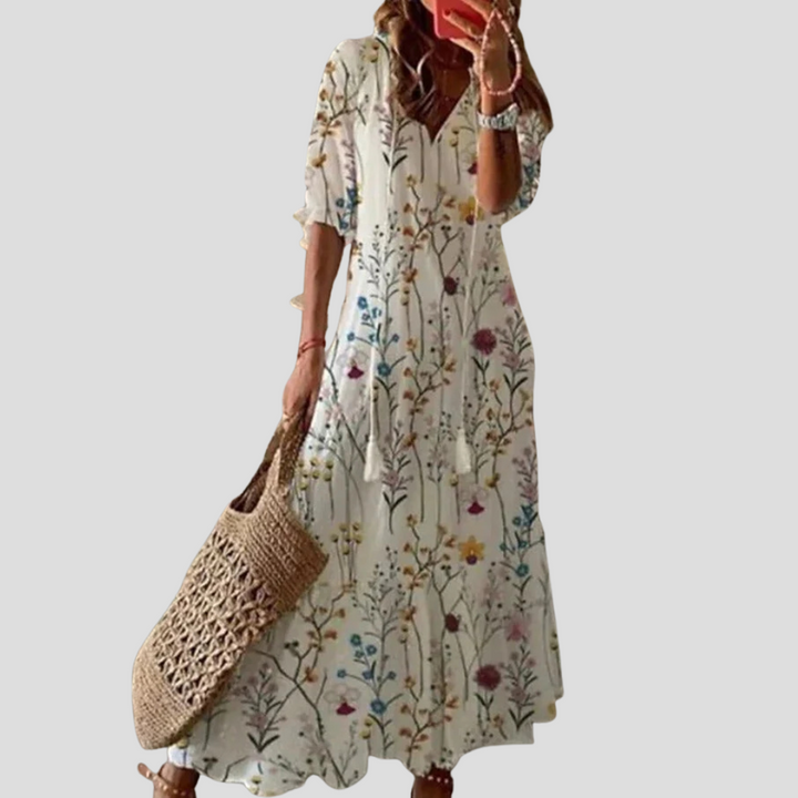 Boho Chic Floral V-Neck Maxi Dress – Perfect for Warm Days