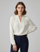 V Neck Blouse with Long Sleeves and Pleated Detail