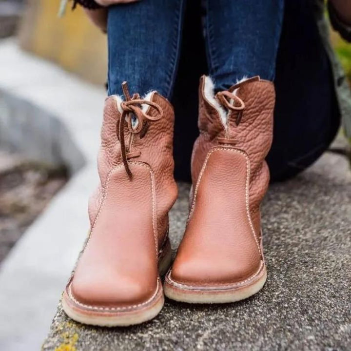 Shirley - Pebbled Leather Lace-Back Mid-Calf Boot with Crepe Sole