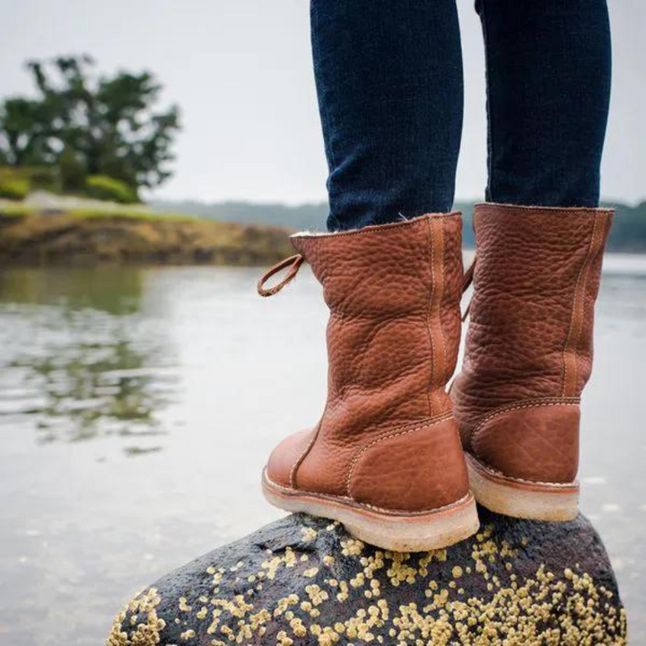 Shirley - Pebbled Leather Lace-Back Mid-Calf Boot with Crepe Sole