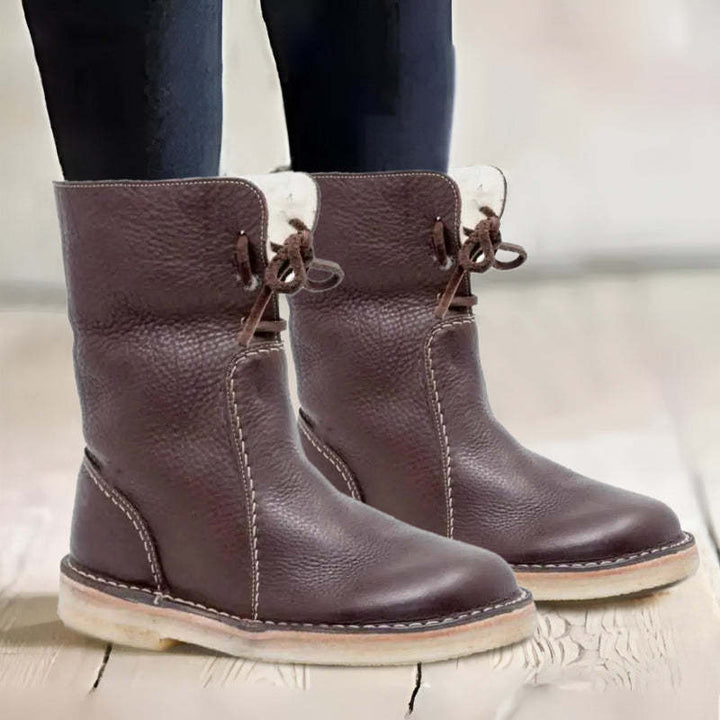 Shirley - Pebbled Leather Lace-Back Mid-Calf Boot with Crepe Sole