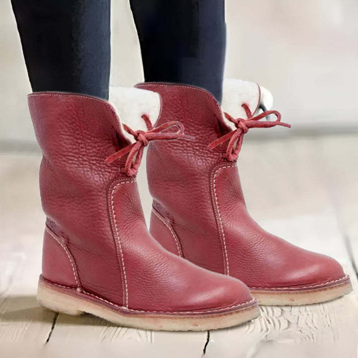Shirley - Pebbled Leather Lace-Back Mid-Calf Boot with Crepe Sole
