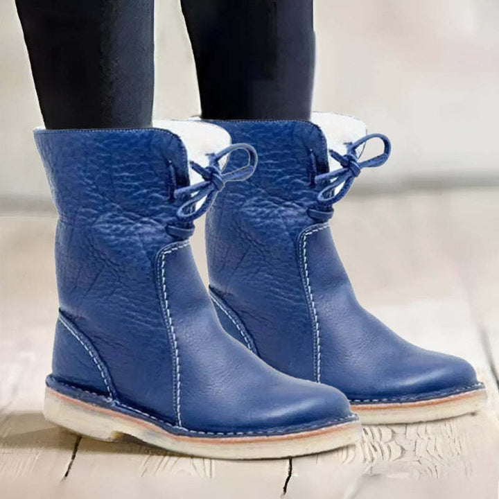 Shirley - Pebbled Leather Lace-Back Mid-Calf Boot with Crepe Sole