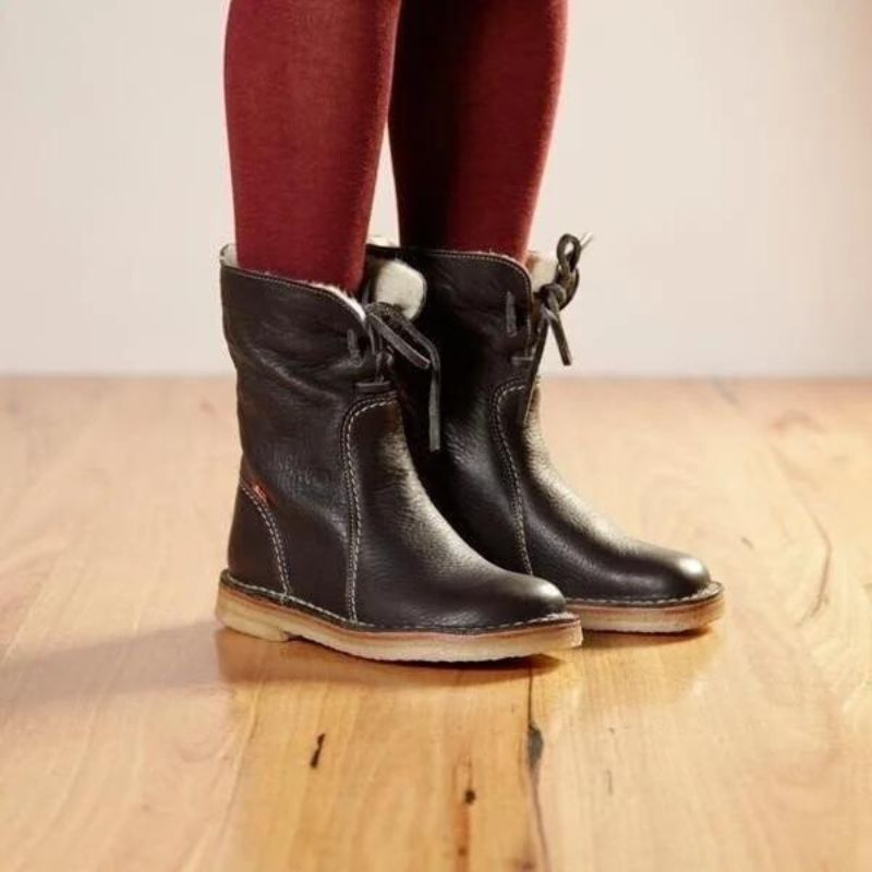 Shirley - Pebbled Leather Lace-Back Mid-Calf Boot with Crepe Sole