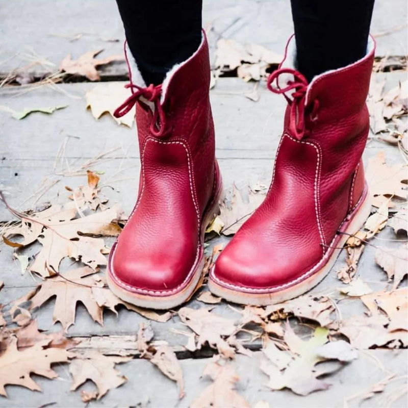 Shirley - Pebbled Leather Lace-Back Mid-Calf Boot with Crepe Sole