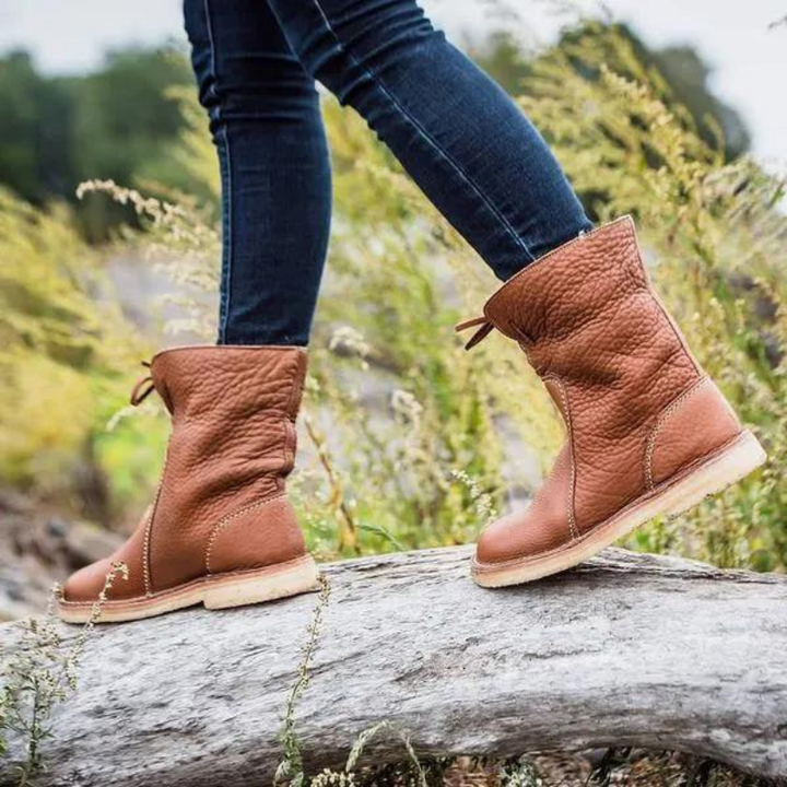 Shirley - Pebbled Leather Lace-Back Mid-Calf Boot with Crepe Sole