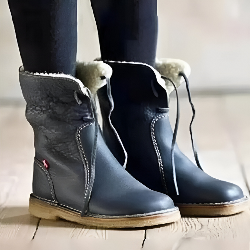 Shirley - Pebbled Leather Lace-Back Mid-Calf Boot with Crepe Sole