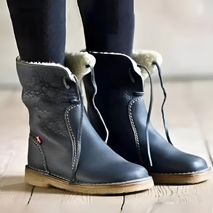 Shirley - Pebbled Leather Lace-Back Mid-Calf Boot with Crepe Sole
