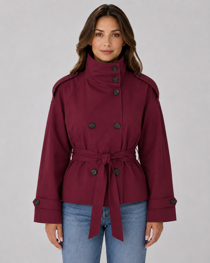 Women’s Cropped Trench Coat – Funnel Neck Tie Waist