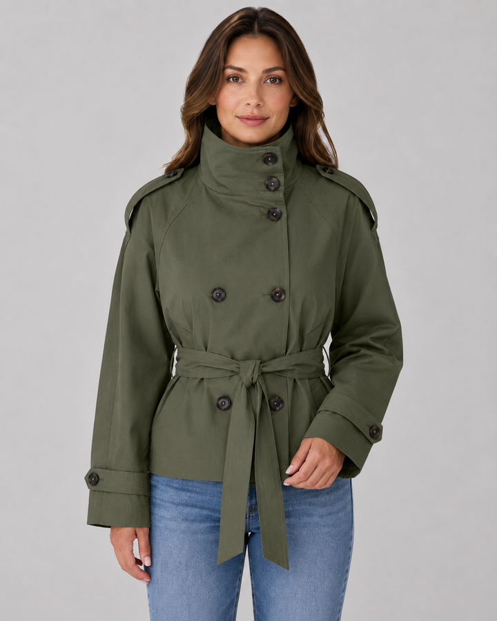 Women’s Cropped Trench Coat – Funnel Neck Tie Waist