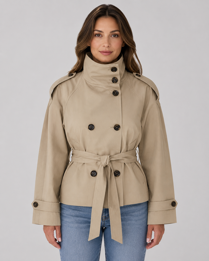Women’s Cropped Trench Coat – Funnel Neck Tie Waist