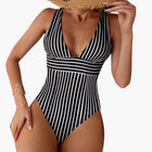 Women’s Deep V-Neck One-Piece Swimsuit – High Leg Striped Bathing Suit