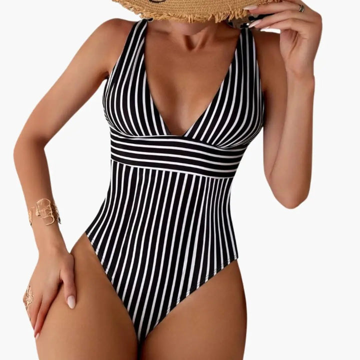 Women’s Deep V-Neck One-Piece Swimsuit – High Leg Striped Bathing Suit