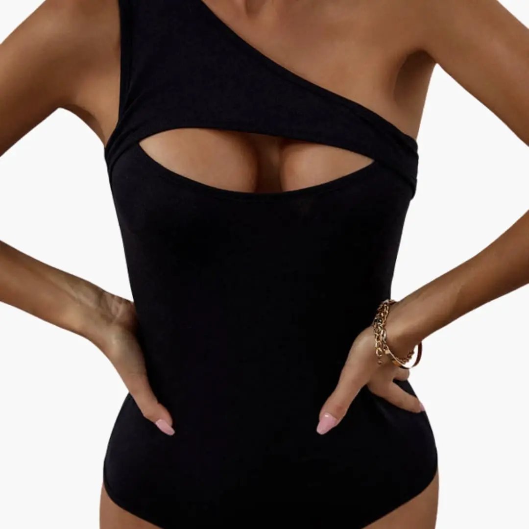 Women’s One-Shoulder One-Piece Swimsuit – Solid Color