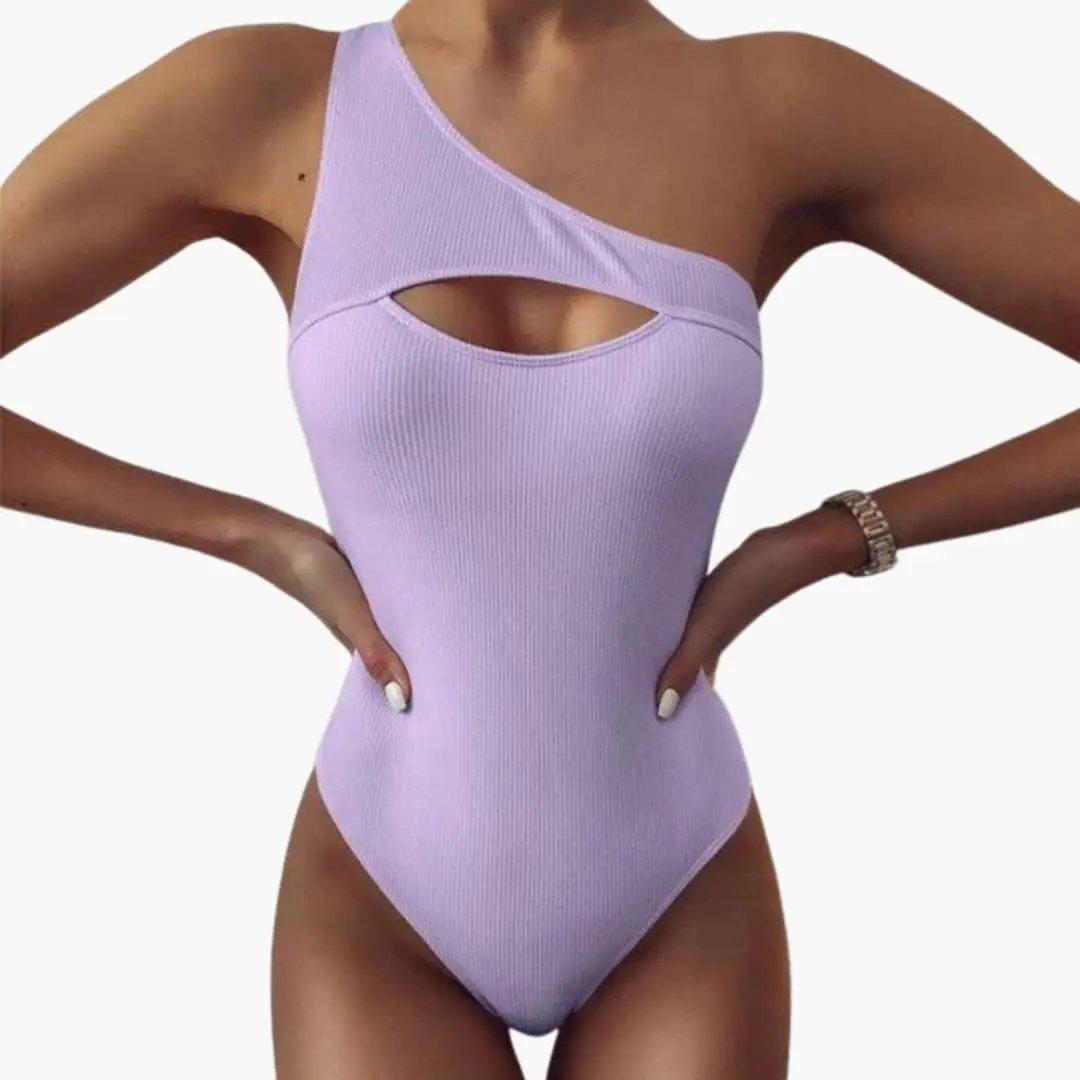 Women’s One-Shoulder One-Piece Swimsuit – Solid Color