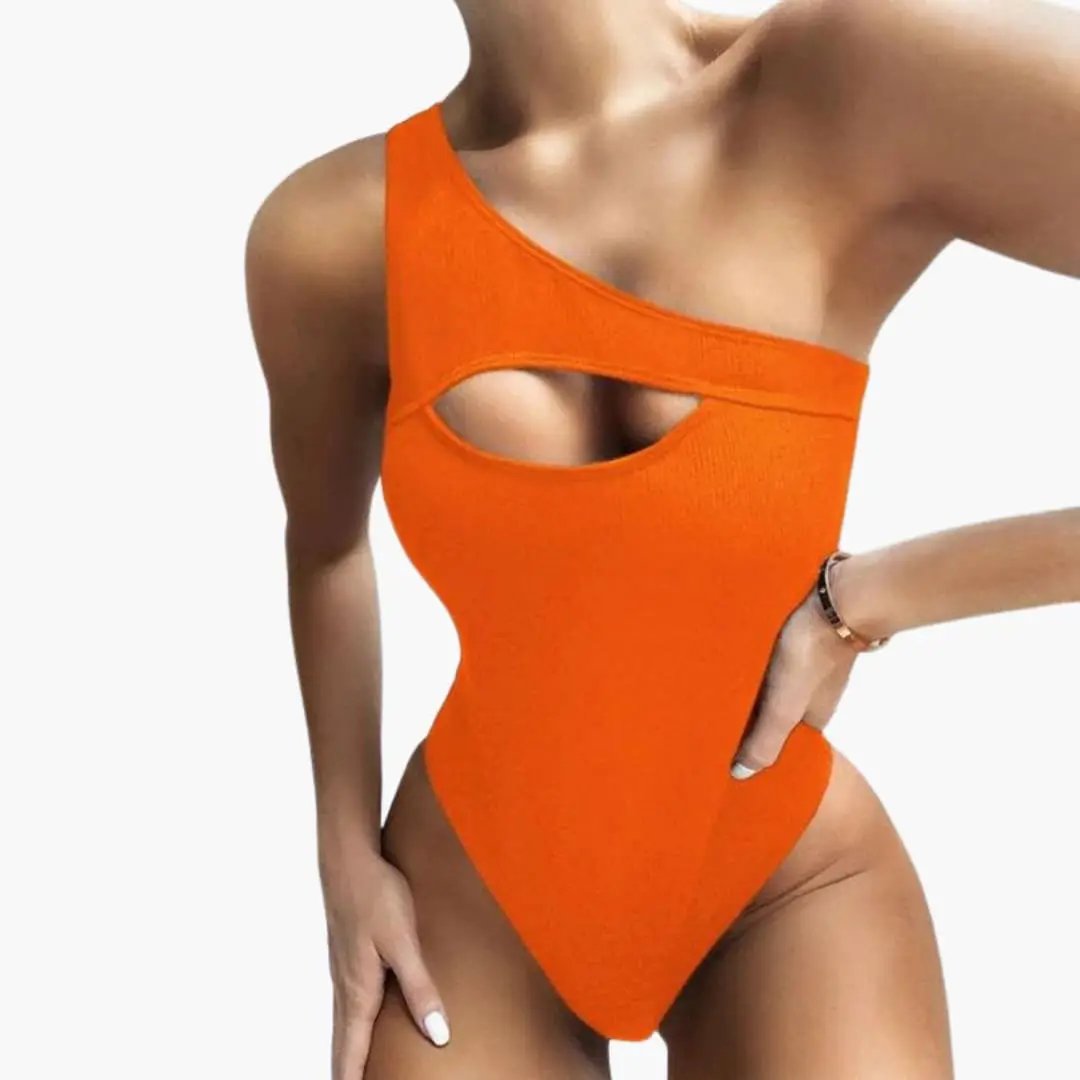 Women’s One-Shoulder One-Piece Swimsuit – Solid Color