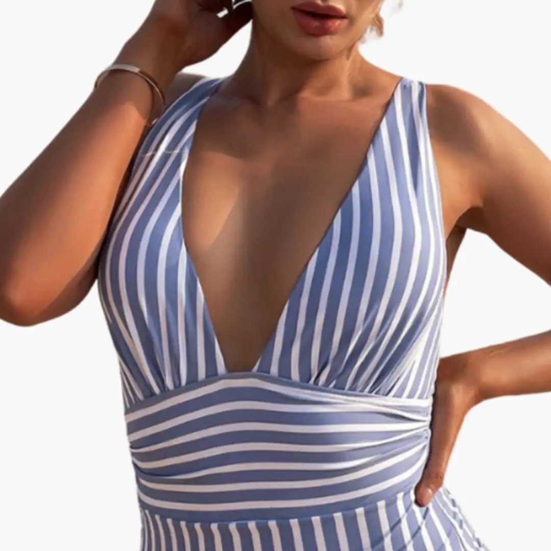 Women’s Ruched One-Piece Swimsuit – Scoop Neck Bathing Suit with Wide Straps