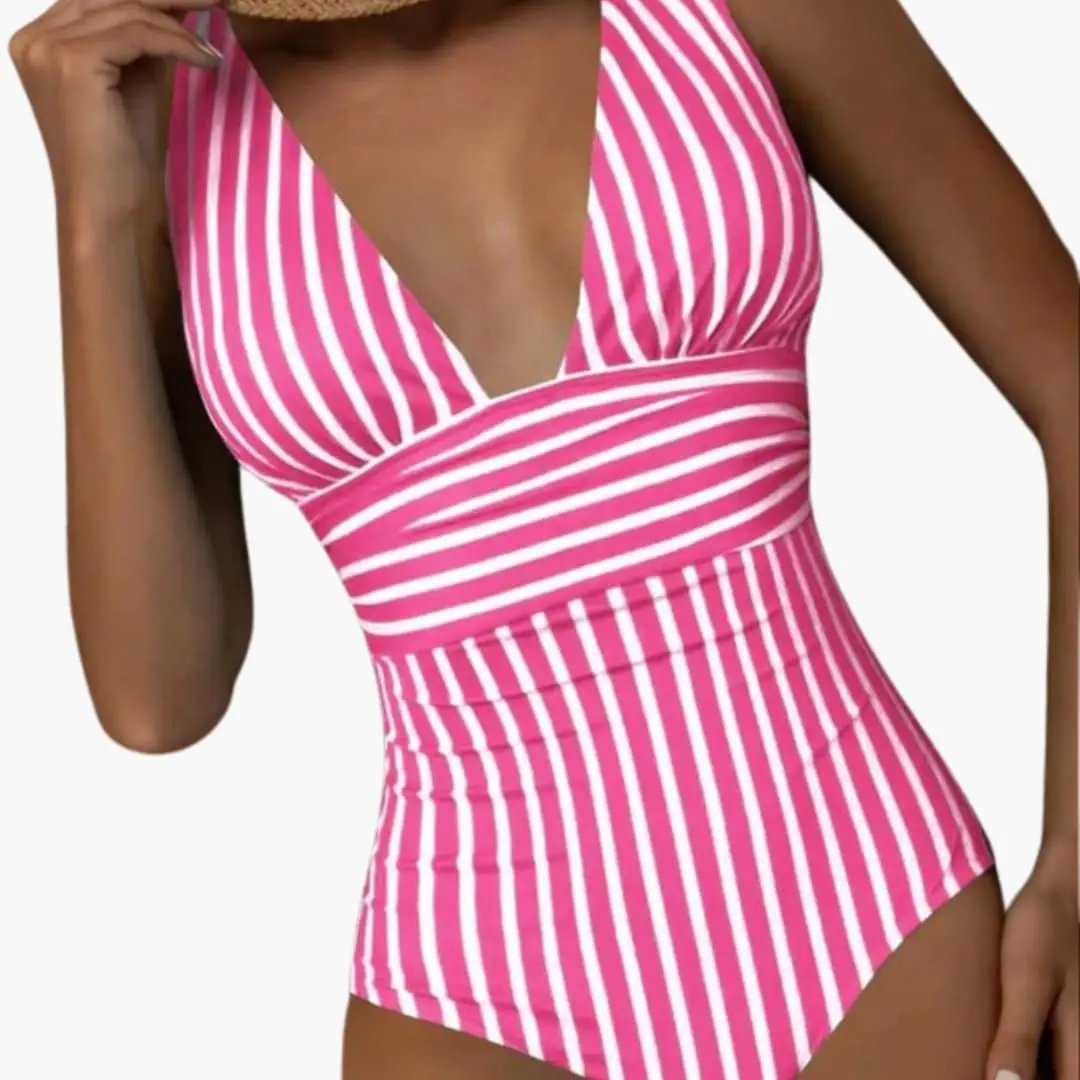 Women’s Striped One-Piece Swimsuit – Scoop Neck Bathing Suit with Wide Straps