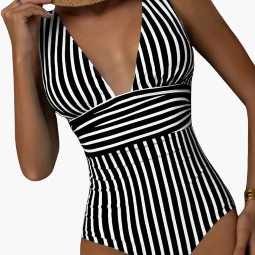 Women’s Striped One-Piece Swimsuit – Scoop Neck Bathing Suit with Wide Straps