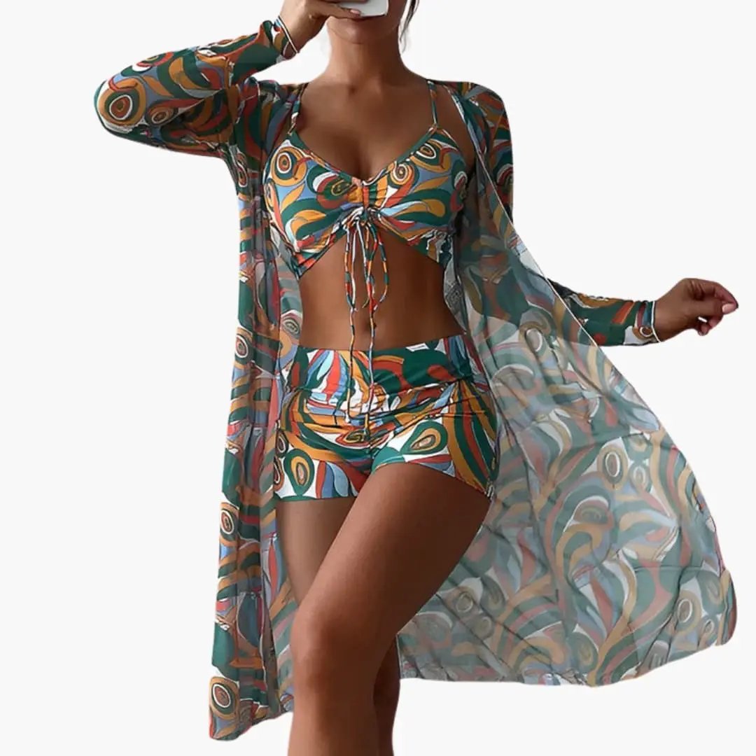 Women’s Swirl Print One-Piece Swimsuit with Front Overlay Panel