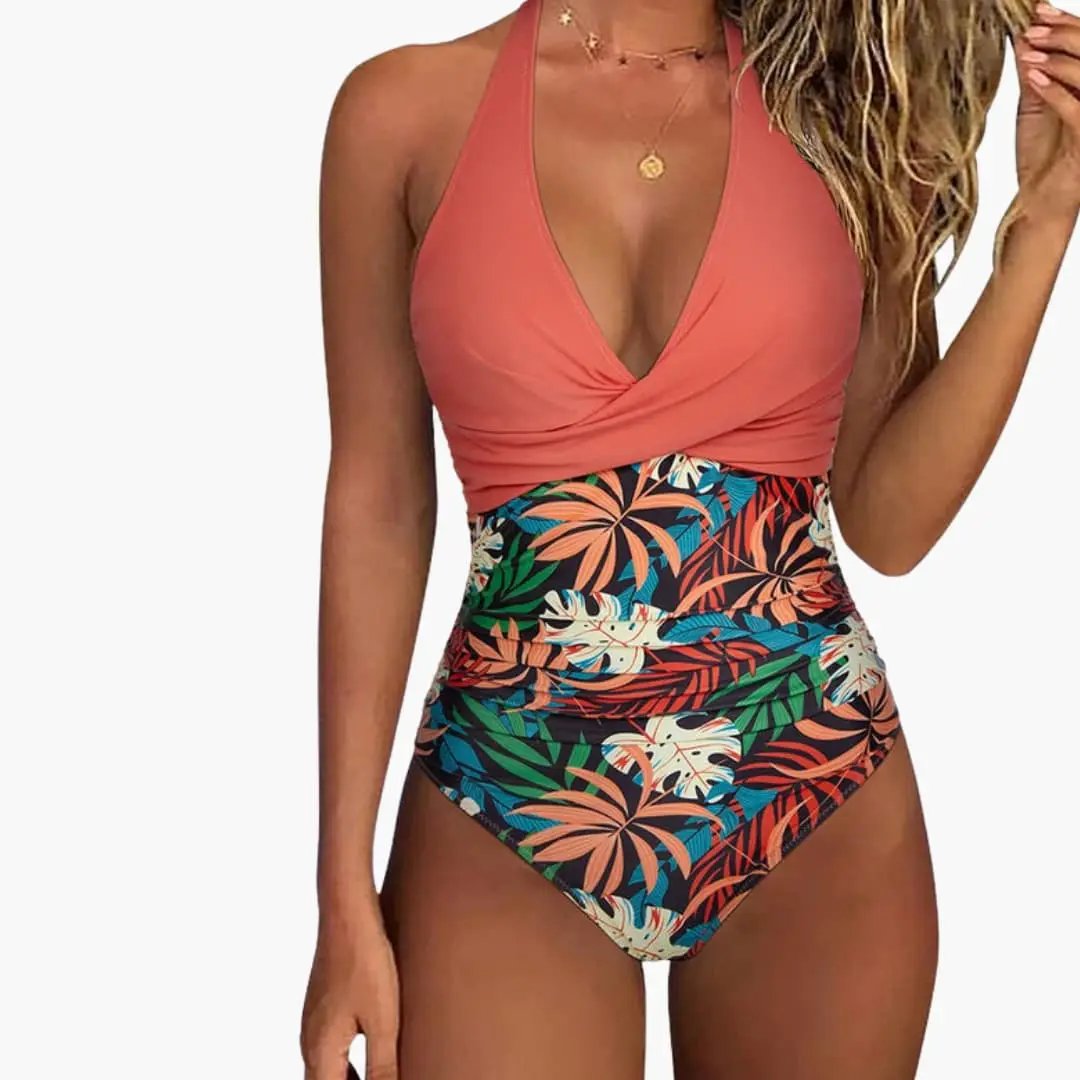Women’s V-Neck One-Piece Swimsuit – Full Coverage Stretch Bathing Suit