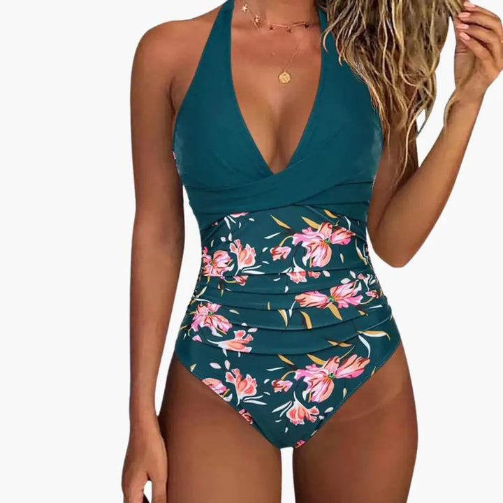 Women’s V-Neck One-Piece Swimsuit – Full Coverage Stretch Bathing Suit