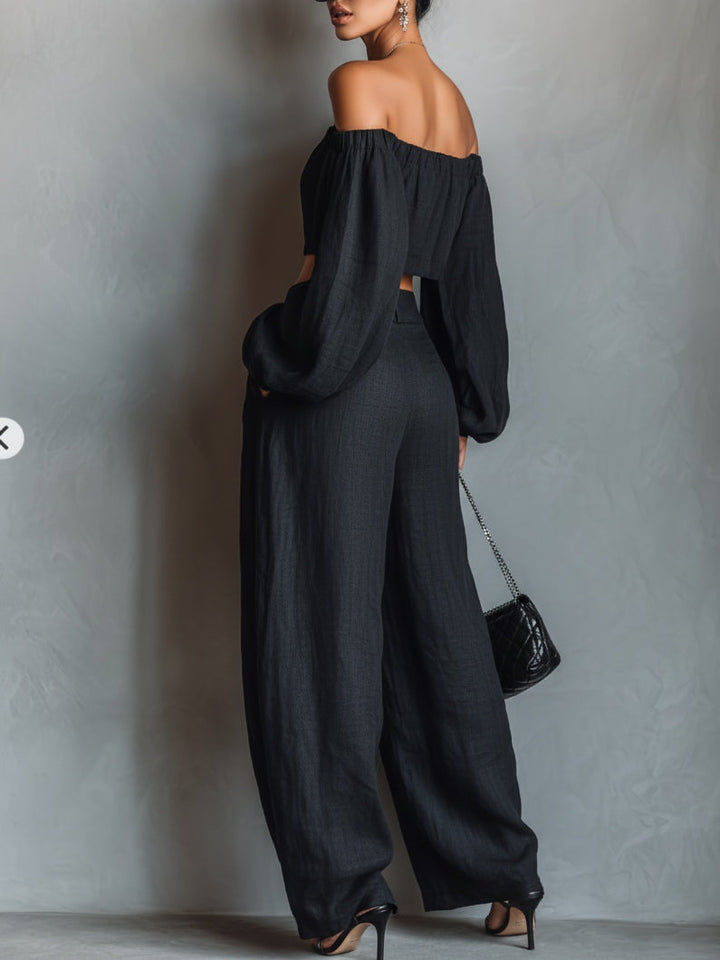 Aisha | Linen-Blend Strapless-Style Top &amp; Wide-Leg Pants Set