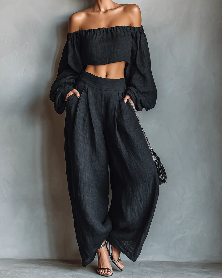 Aisha | Linen-Blend Strapless-Style Top &amp; Wide-Leg Pants Set