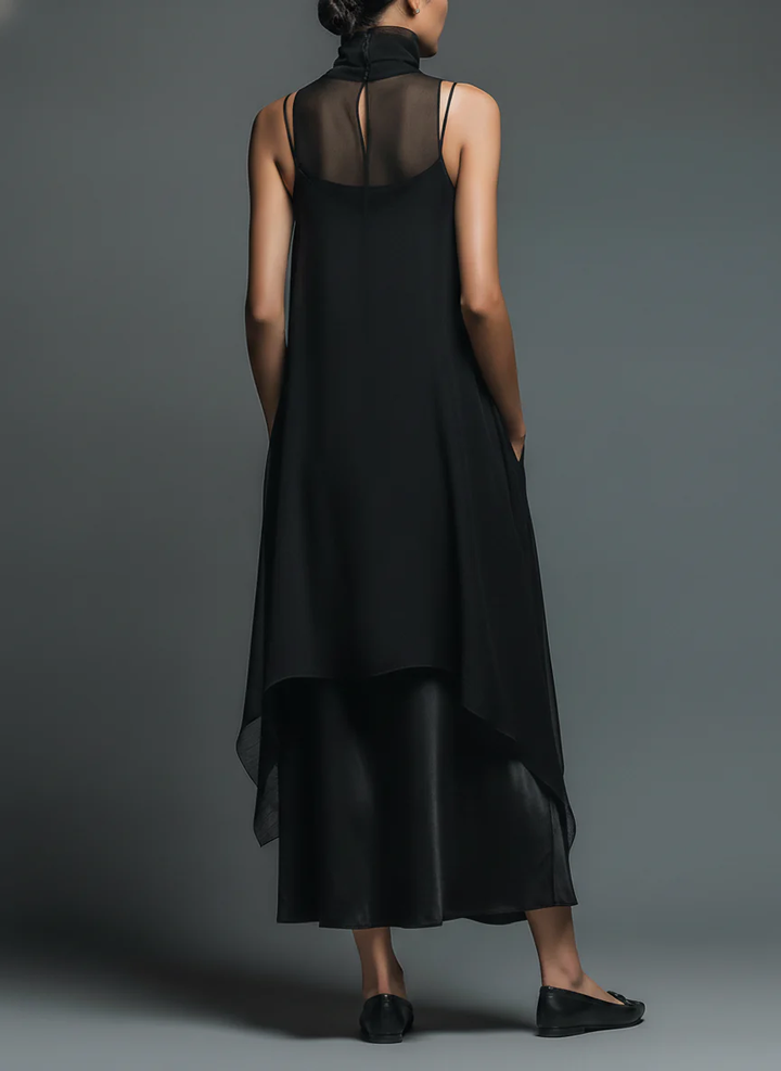 Monica | Faux Acetate Slip Dress with Chiffon Overlay