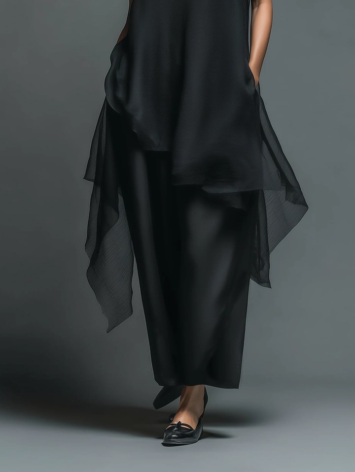Monica | Faux Acetate Slip Dress with Chiffon Overlay