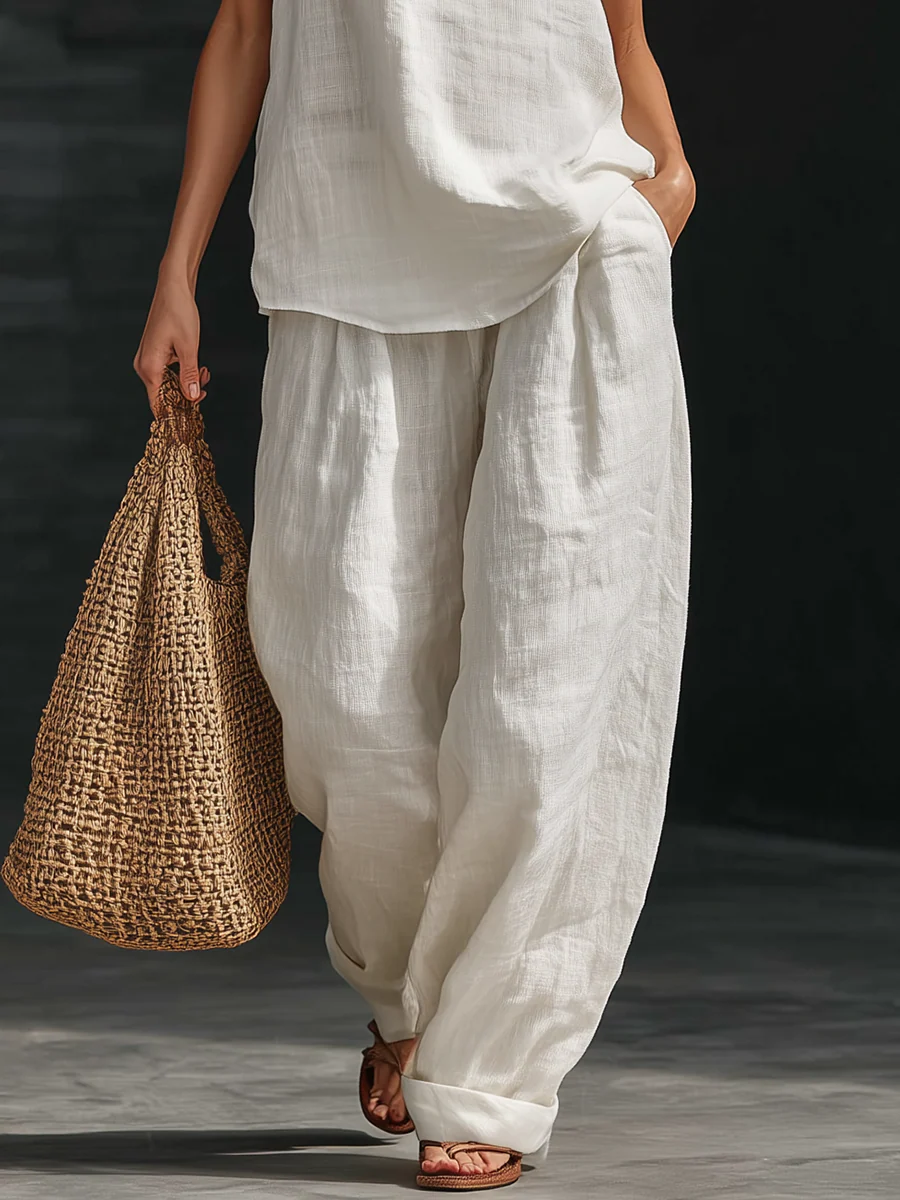 Amelia | Faux Linen V-Neck Top &amp; Wide-Leg Pants Set