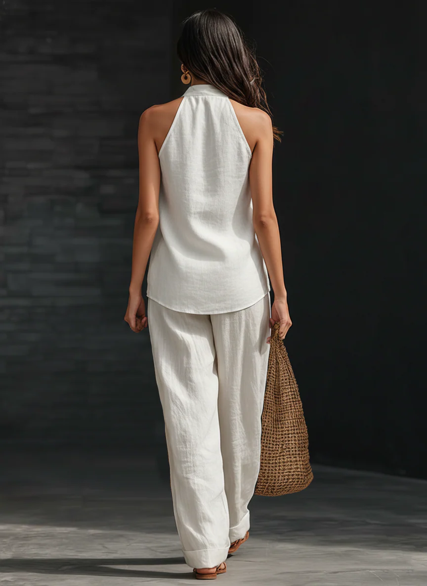 Amelia | Faux Linen V-Neck Top &amp; Wide-Leg Pants Set