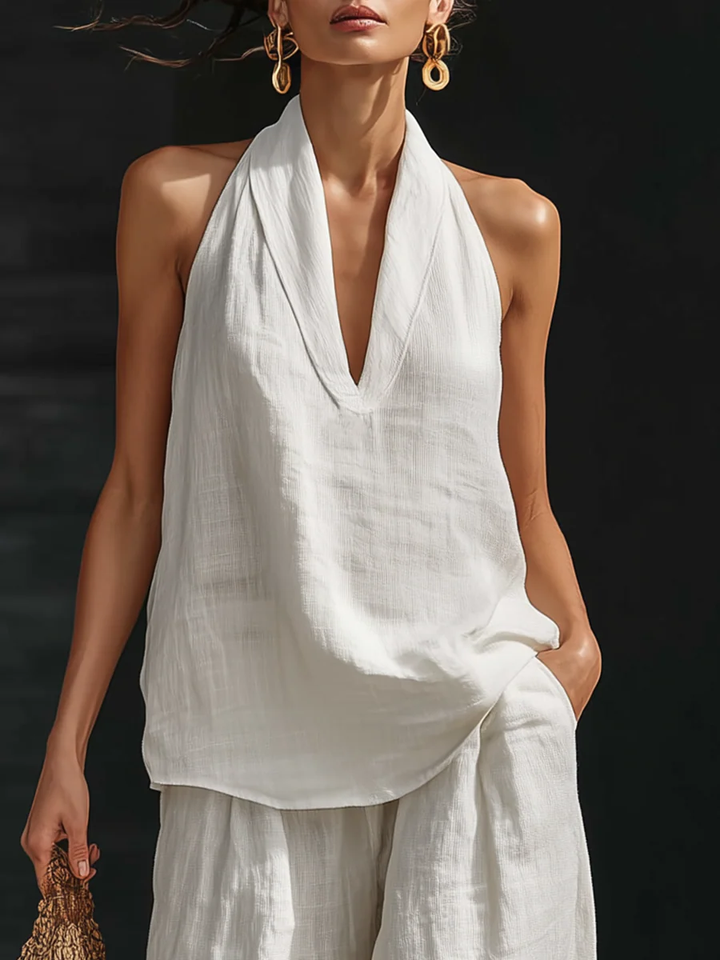 Amelia | Faux Linen V-Neck Top &amp; Wide-Leg Pants Set