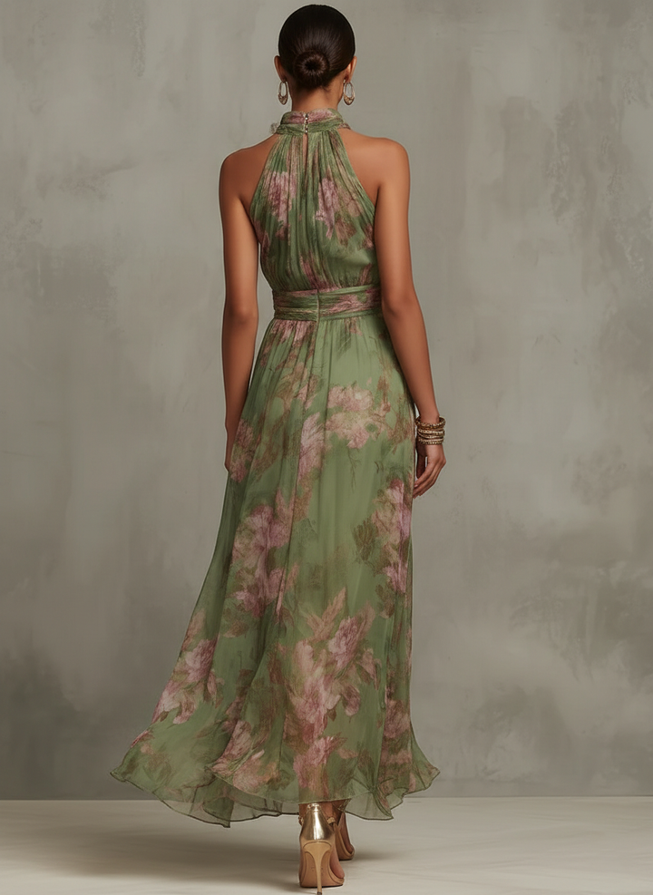 Chiffon Maxi Halter Dress for Women Floral Print Pleated Waist - Green - Maelen