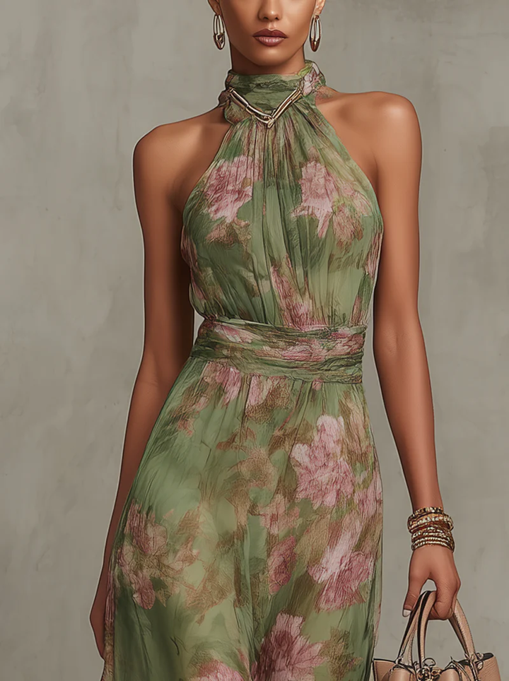 Chiffon Maxi Halter Dress for Women Floral Print Pleated Waist - Green - Maelen