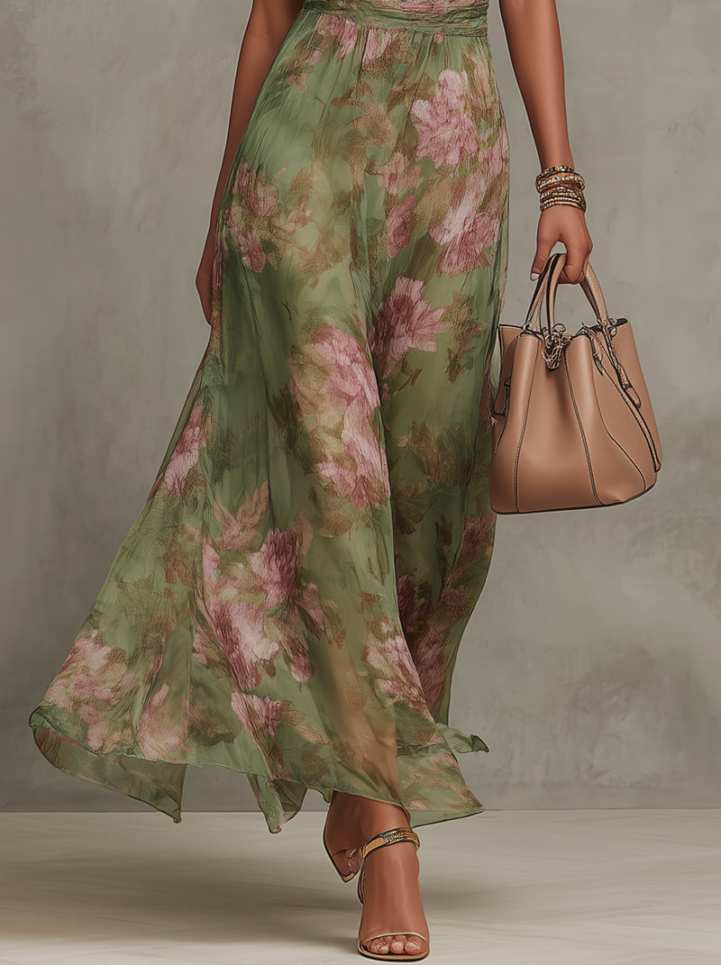 Chiffon Maxi Halter Dress for Women Floral Print Pleated Waist - Green - Maelen