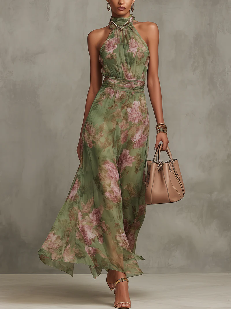 Chiffon Maxi Halter Dress for Women Floral Print Pleated Waist - Green - Maelen