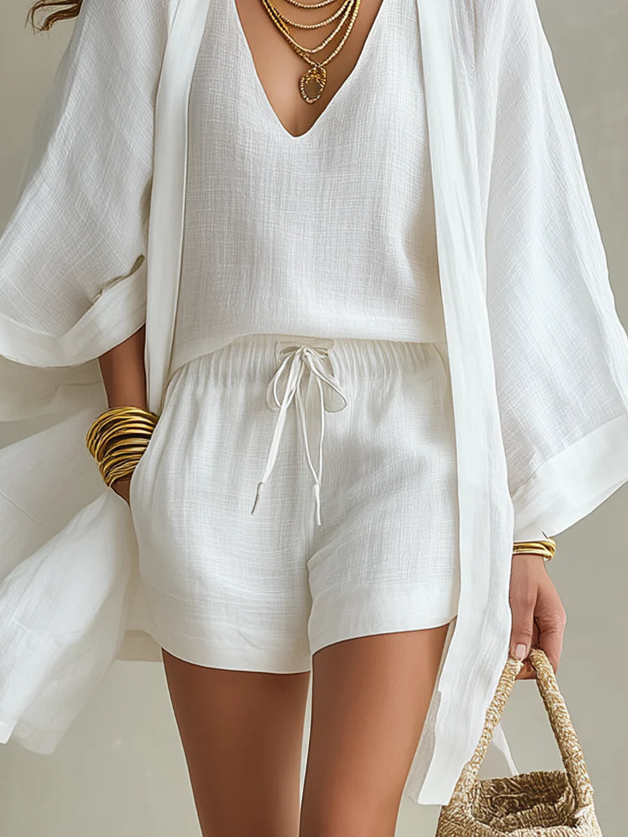 Camila | Three-Piece Polyester-Linen Cardigan &amp; Shorts Set