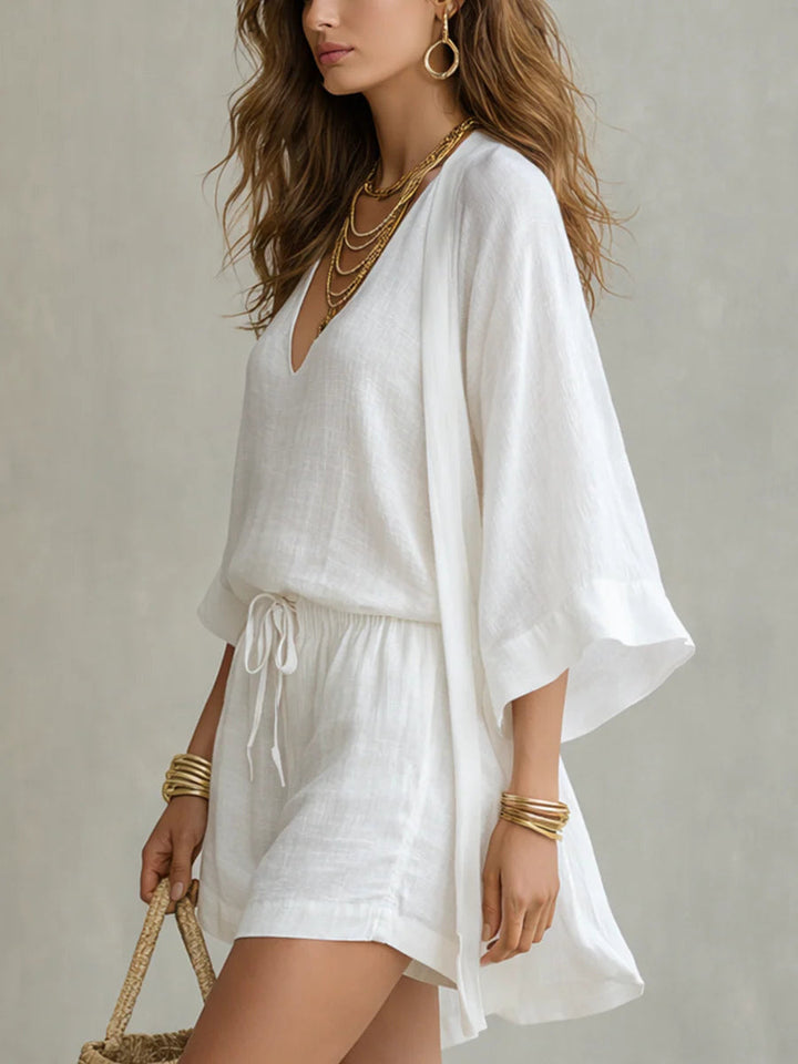 Camila | Three-Piece Polyester-Linen Cardigan &amp; Shorts Set
