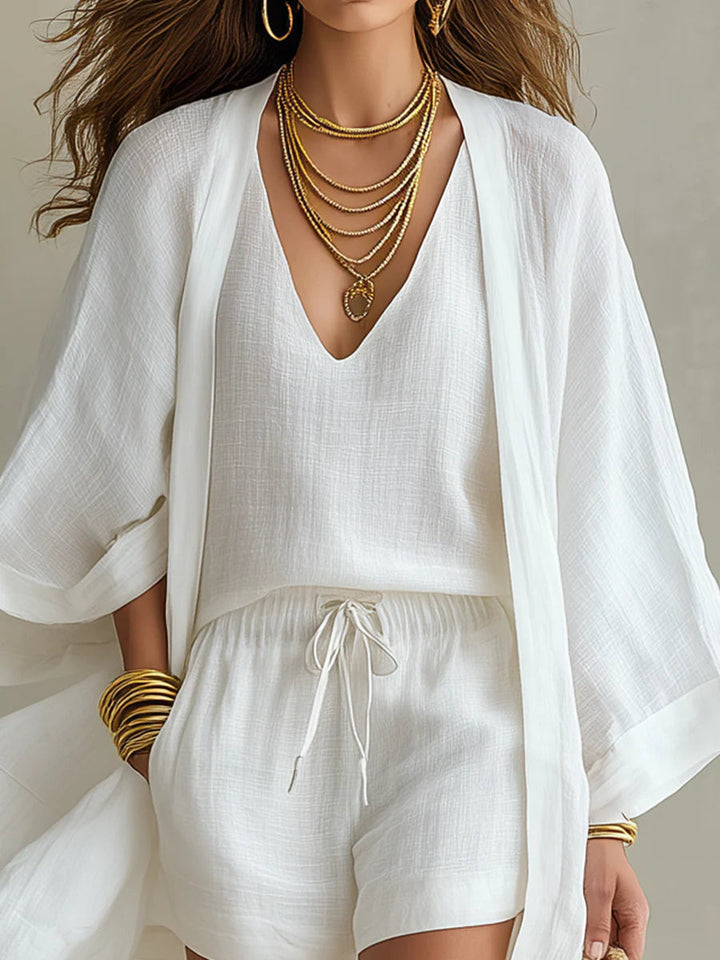 Camila | Three-Piece Polyester-Linen Cardigan &amp; Shorts Set