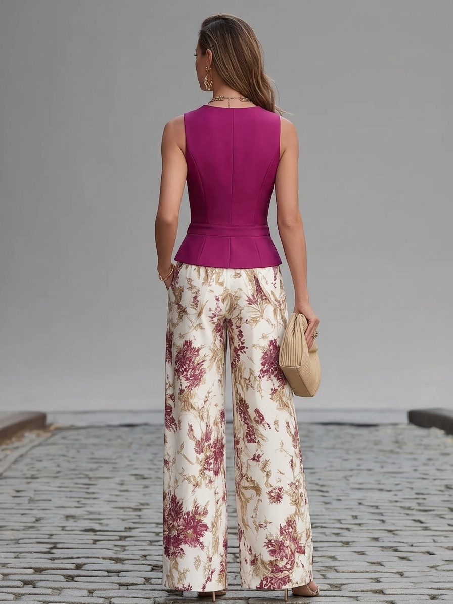 Maya | Spandex-Blend Sleeveless Vest &amp; Floral Wide-Leg Pants Set