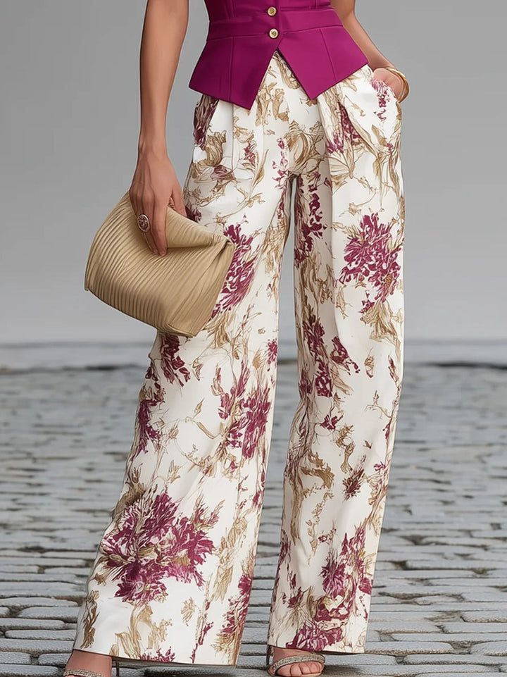 Maya | Spandex-Blend Sleeveless Vest &amp; Floral Wide-Leg Pants Set