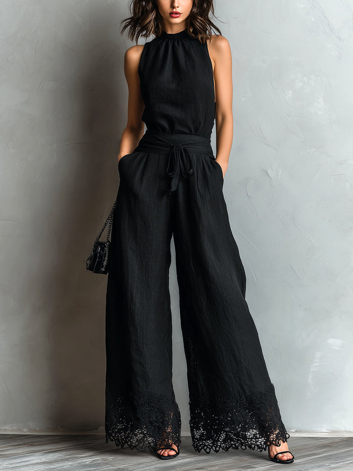 Avery | Faux Cotton-Linen Halter Vest &amp; Wide-Leg Pants Set