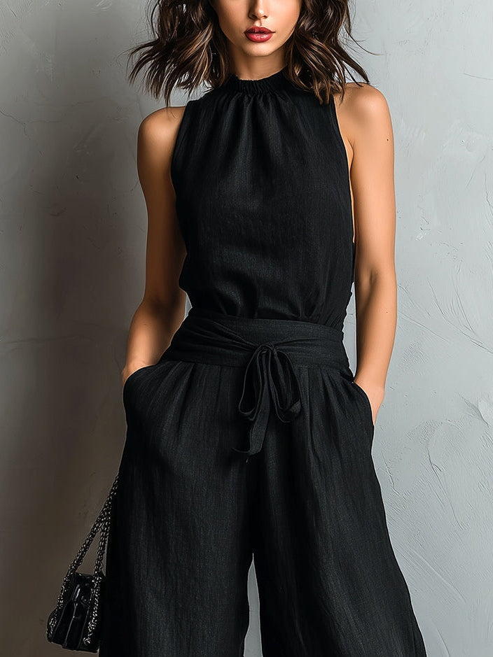 Avery | Faux Cotton-Linen Halter Vest &amp; Wide-Leg Pants Set