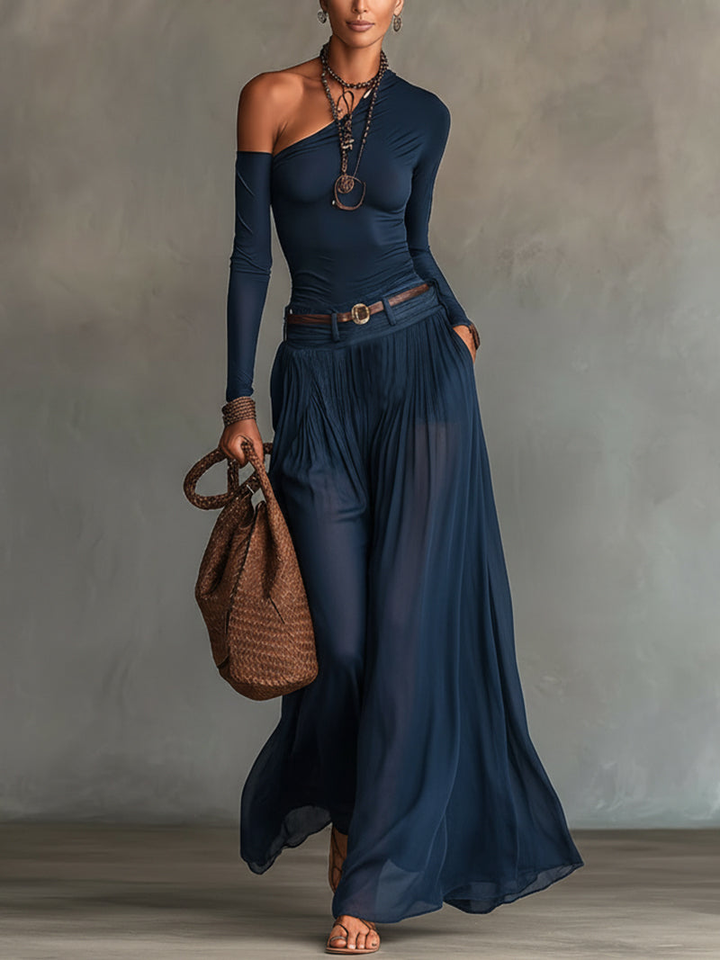 Camila | One-Shoulder Jersey Bodysuit &amp; Sheer Chiffon Maxi Skirt Set
