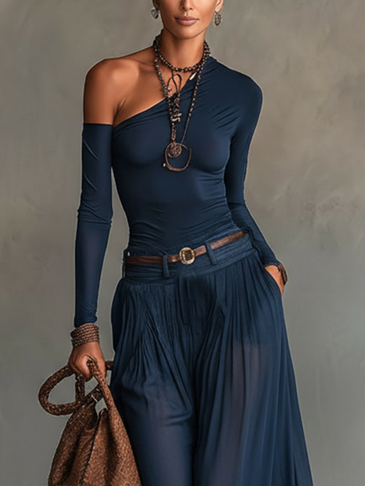 Camila | One-Shoulder Jersey Bodysuit &amp; Sheer Chiffon Maxi Skirt Set