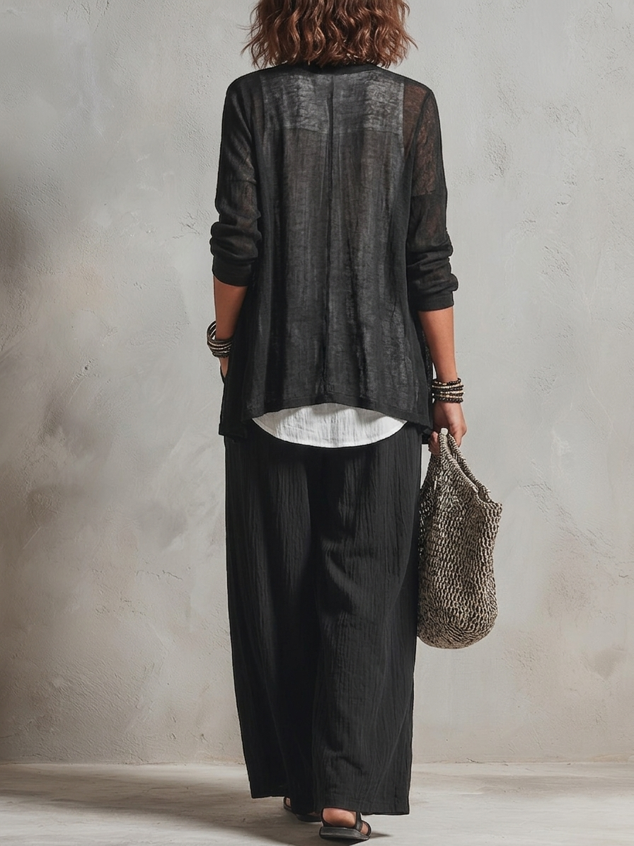Monique | Three-Piece Set: Chiffon Layered Cardigan &amp; High-Waist Wide-Leg Pants